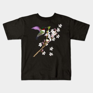 Bird Humming bird extracting nectar from the First cherry blossoms of spring. Japanese Sakura Kids T-Shirt